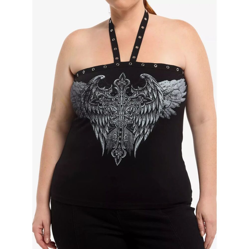 Social Collision Winged Cross Grommet Girls Halter Top Plus Size 1X